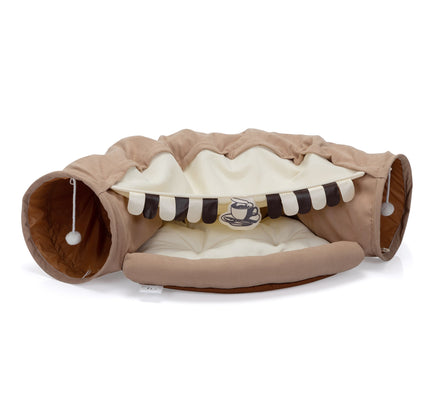 Foldable Cat Tunnel Bed For Indoor Cats, Washable Cat Skin Tunnel With Hanging Toys And Mats, Brown Color-2