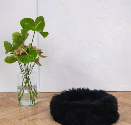 Round Natural Sheepskin Pet Bed - Black-2