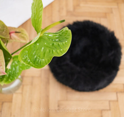 Round Natural Sheepskin Pet Bed - Black-1