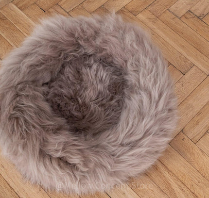 Round Natural Sheepskin Pet Bed - Greige-3