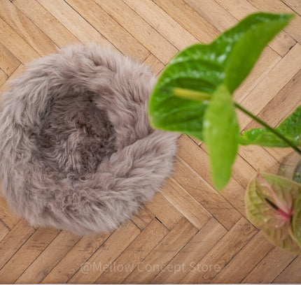 Round Natural Sheepskin Pet Bed - Greige-1