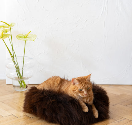 Round Natural Sheepskin Pet Bed - Brown-3