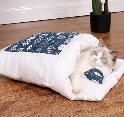Japanese Cat Bed Warm Cat Sleeping Bag Deep Sleep Cave Winter Removable Pet House Bed for Cats Dogs Nest Cushion with Pillow-8