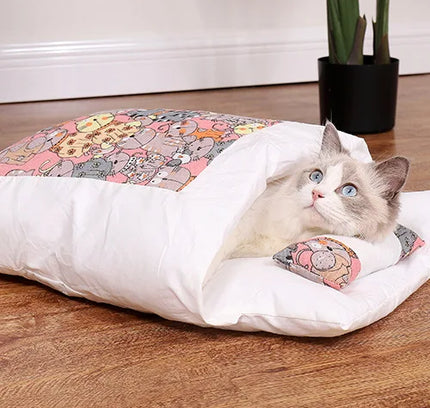 Japanese Cat Bed Warm Cat Sleeping Bag Deep Sleep Cave Winter Removable Pet House Bed for Cats Dogs Nest Cushion with Pillow-7