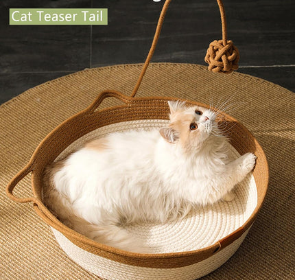Handgewebtes Katzenbett mit Spielzeugschwanz in Kätzchenform, natürliches Baumwollleinen-Kratzkissen, atmungsaktive und geruchlose Welpenbettmatte für den Innenbereich