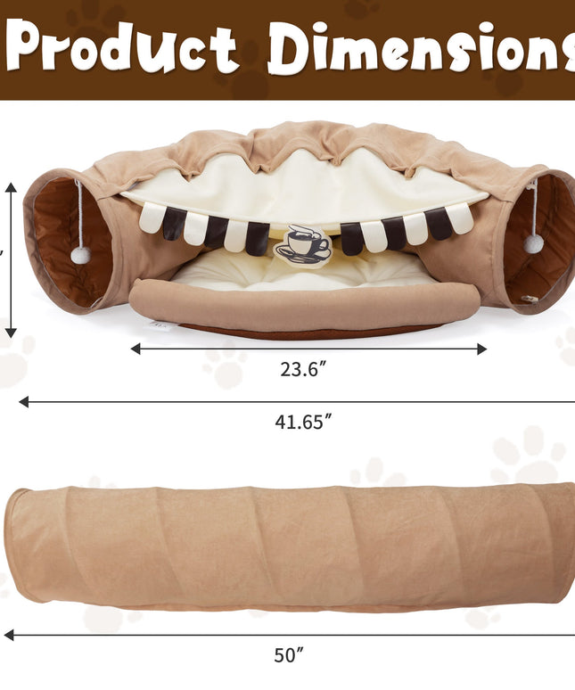 Foldable Cat Tunnel Bed For Indoor Cats, Washable Cat Skin Tunnel With Hanging Toys And Mats, Brown Color