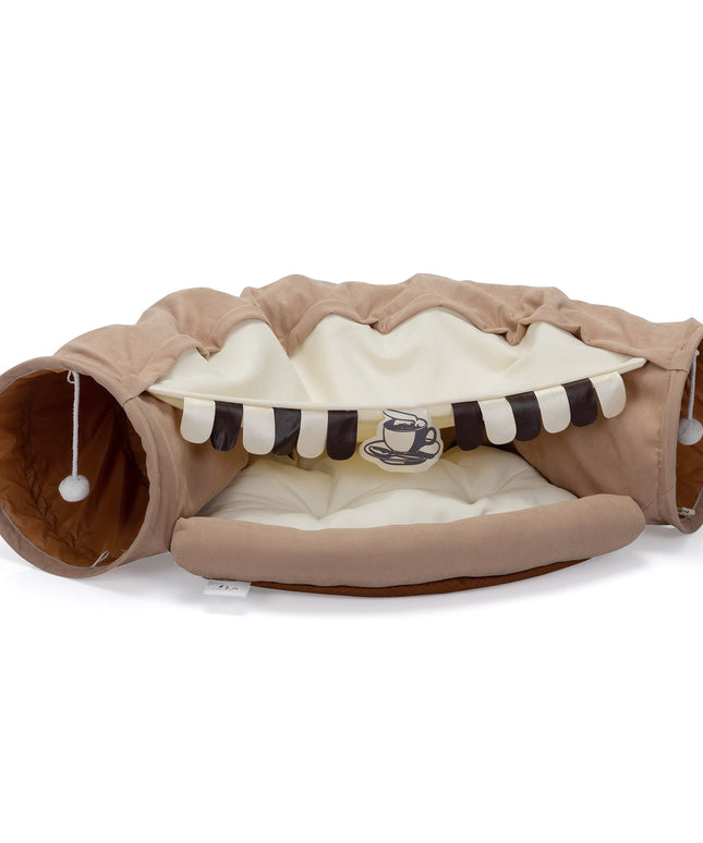 Foldable Cat Tunnel Bed For Indoor Cats, Washable Cat Skin Tunnel With Hanging Toys And Mats, Brown Color-2