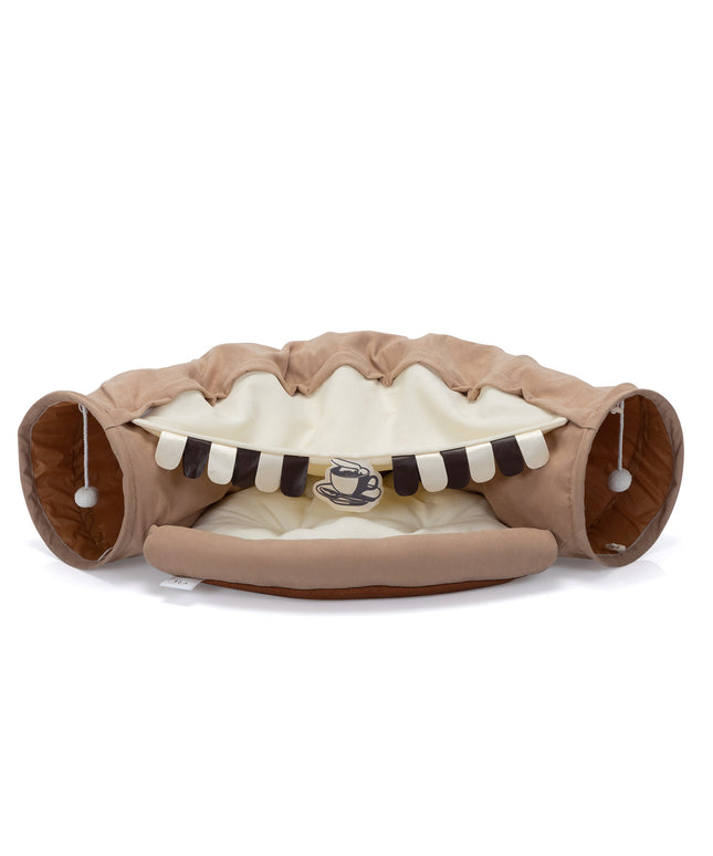Foldable Cat Tunnel Bed For Indoor Cats, Washable Cat Skin Tunnel With Hanging Toys And Mats, Brown Color-0
