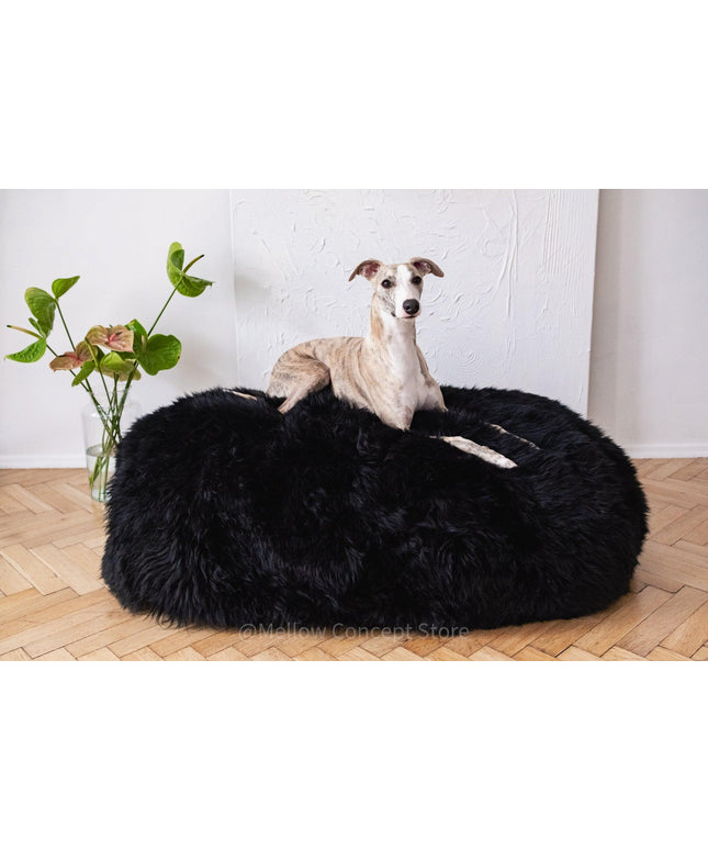 Oval Natural Sheepskin Pet Bed - Black-0