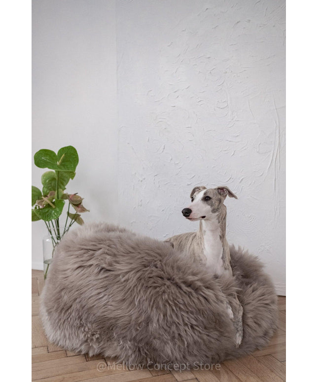 Oval Natural Sheepskin Pet Bed - Greige-0