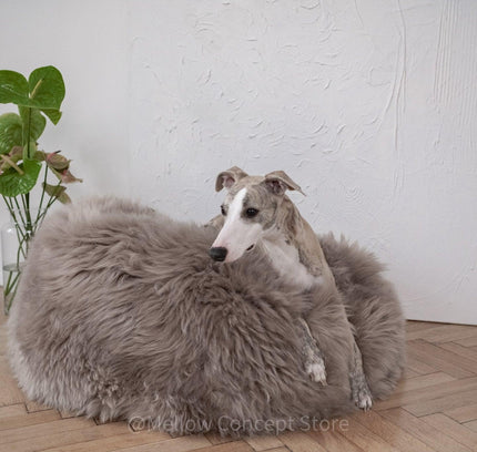 Oval Natural Sheepskin Pet Bed - Greige-2