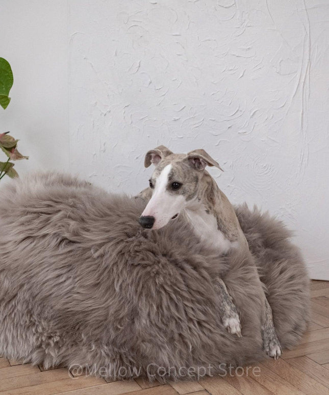 Oval Natural Sheepskin Pet Bed - Greige-2