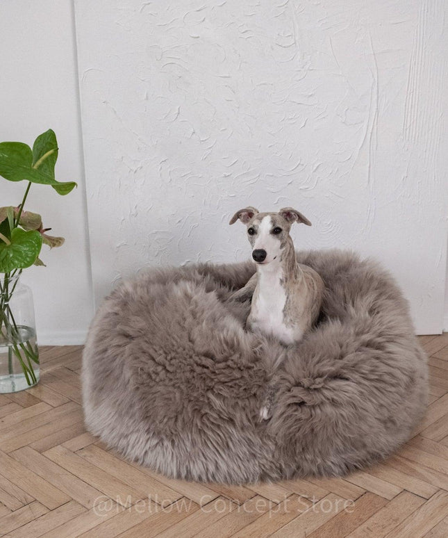 Oval Natural Sheepskin Pet Bed - Greige-1