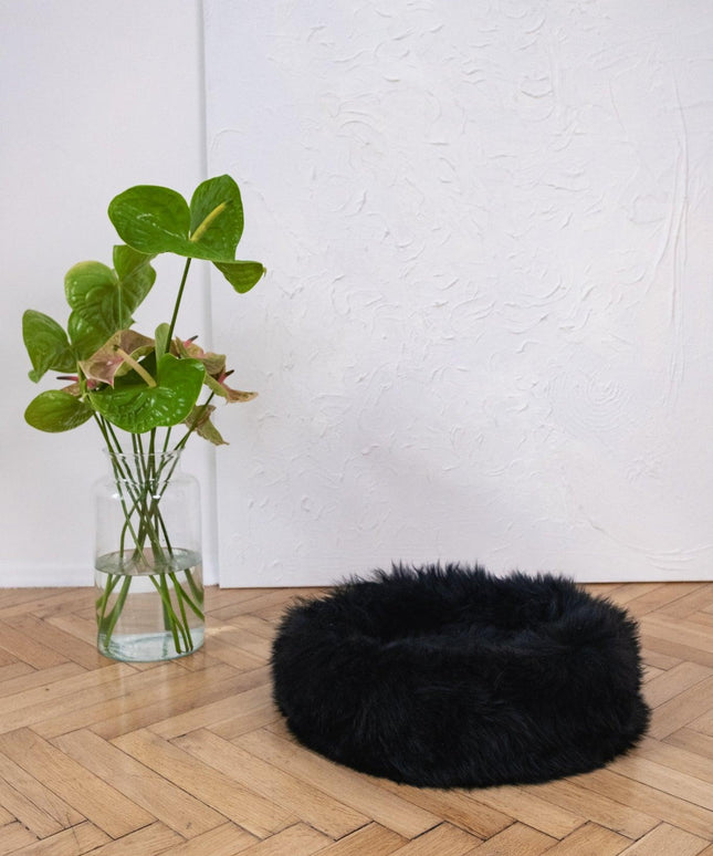 Round Natural Sheepskin Pet Bed - Black-2