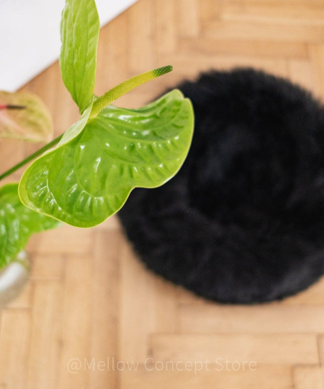 Round Natural Sheepskin Pet Bed - Black-1