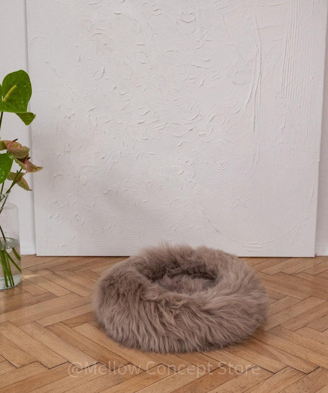 Round Natural Sheepskin Pet Bed - Greige-2
