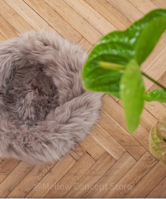 Round Natural Sheepskin Pet Bed - Greige-1