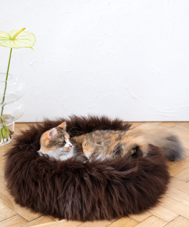 Round Natural Sheepskin Pet Bed - Brown-2