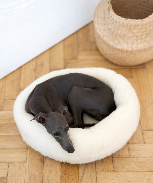 Round Natural Wool Pet Bed - White-2