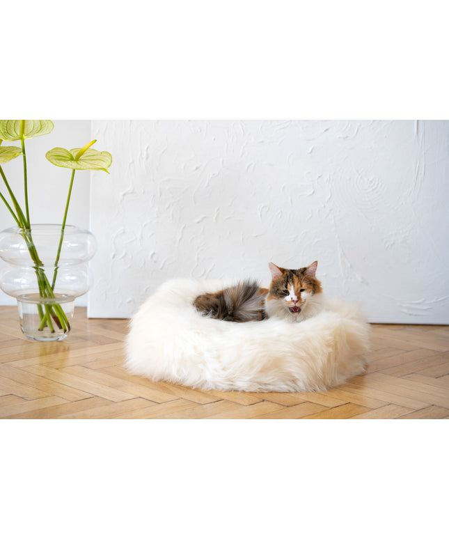 Round Natural Sheepskin Pet Bed - White-0