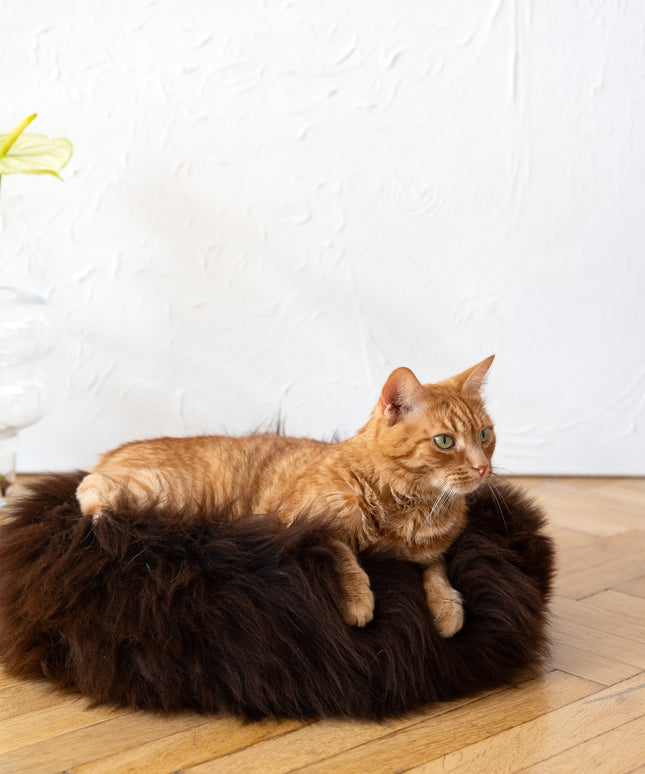 Round Natural Sheepskin Pet Bed - Brown-1
