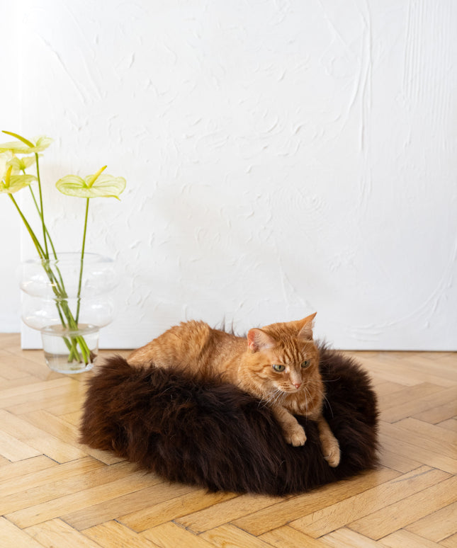Round Natural Sheepskin Pet Bed - Brown-3