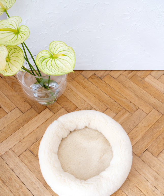 Round Natural Wool Pet Bed - White-4
