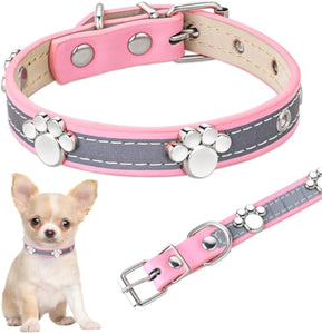 Reflective Collier pour Chien Collier en Cuir pour Chiens Petits Moyens Grands Chats Réglable Collier pour Fille Chiot avec Rivet Patte Mignon