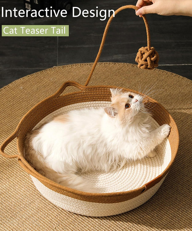 Hand Woven Cat Bed With Toy Tail Kitten Shaped House Natural Cotton Linen Cat Scratch Pad Breathable And Odorless Indoor Puppy Bed Mat