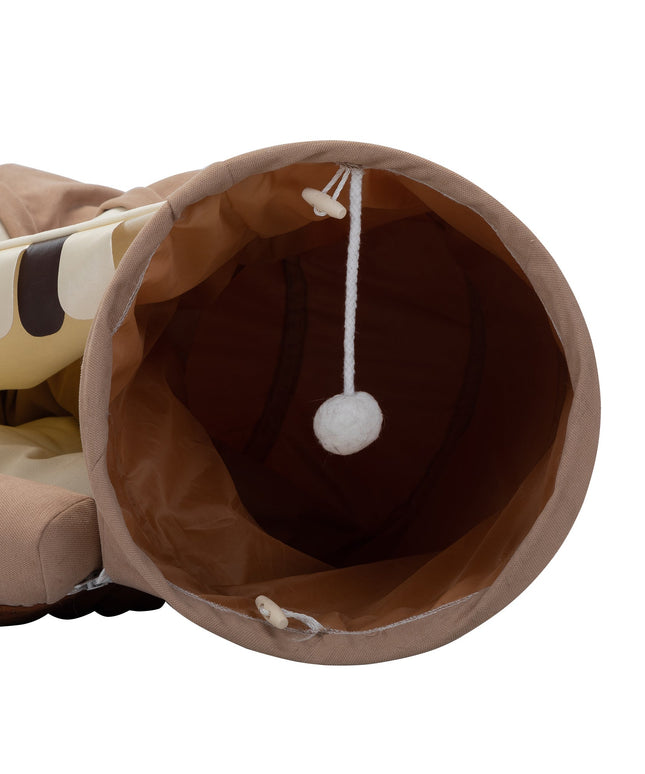 Foldable Cat Tunnel Bed For Indoor Cats, Washable Cat Skin Tunnel With Hanging Toys And Mats, Brown Color-3