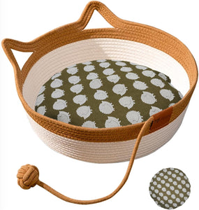 Panier pour chat tissé à la main avec jouet queue, maison en forme de chaton, coton naturel et lin, tapis à griffer pour chat, respirant et sans odeur, tapis pour chiot d'intérieur